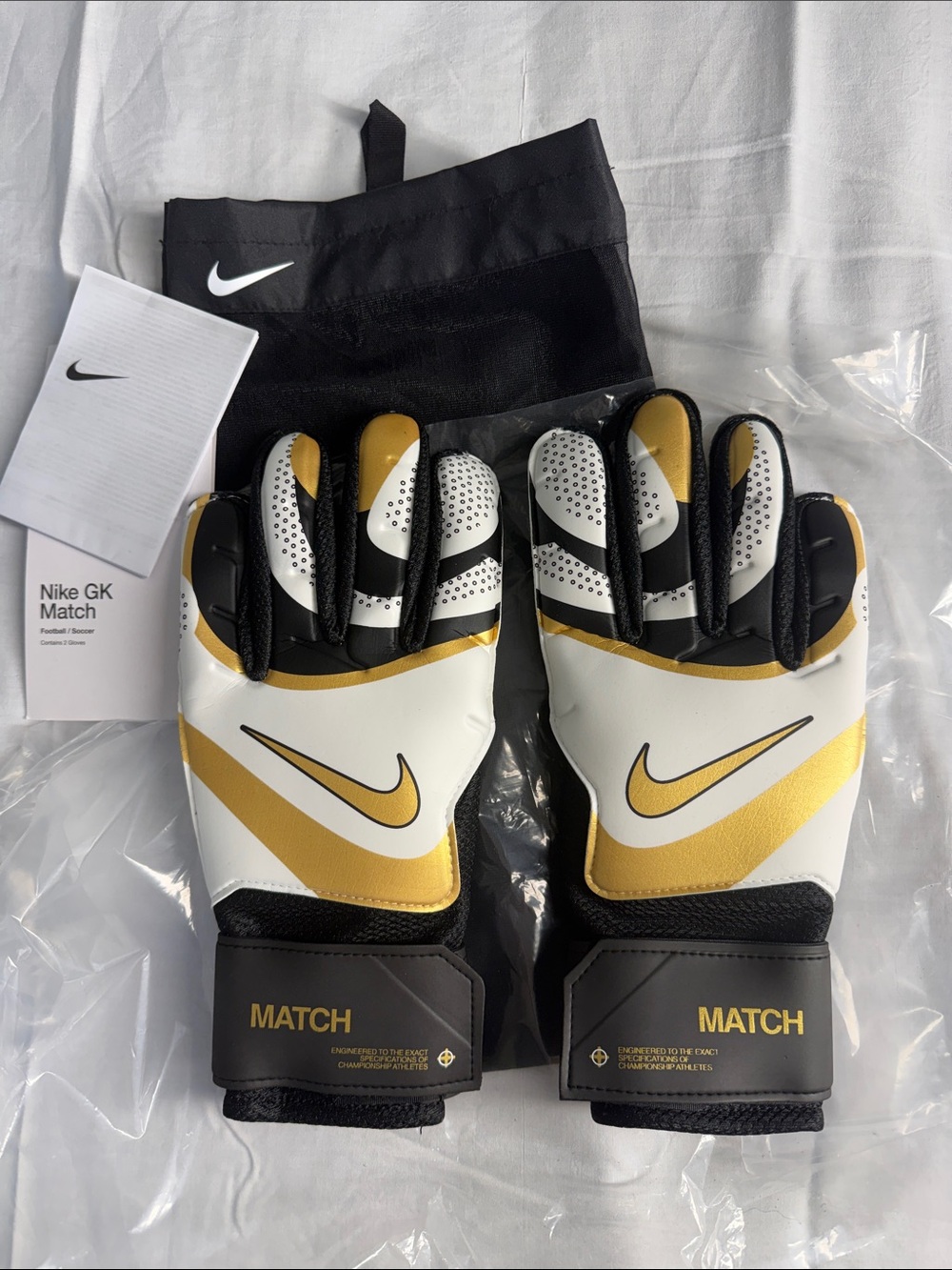 Nike Men’s GK Match Goalkeeper Gloves — White, Gold & Black